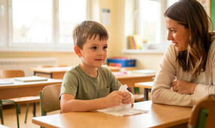Un jeune garçon enrhumé assis à son bureau dans une salle de classe lumineuse, sous le regard attentif d’une enseignante.