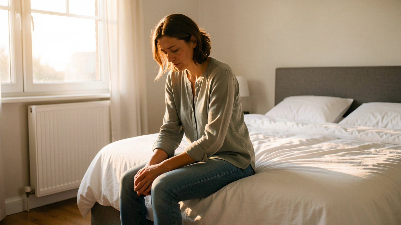 Une femme fatiguée assise au bord de son lit au réveil, dans une chambre éclairée par une douce lumière matinale.