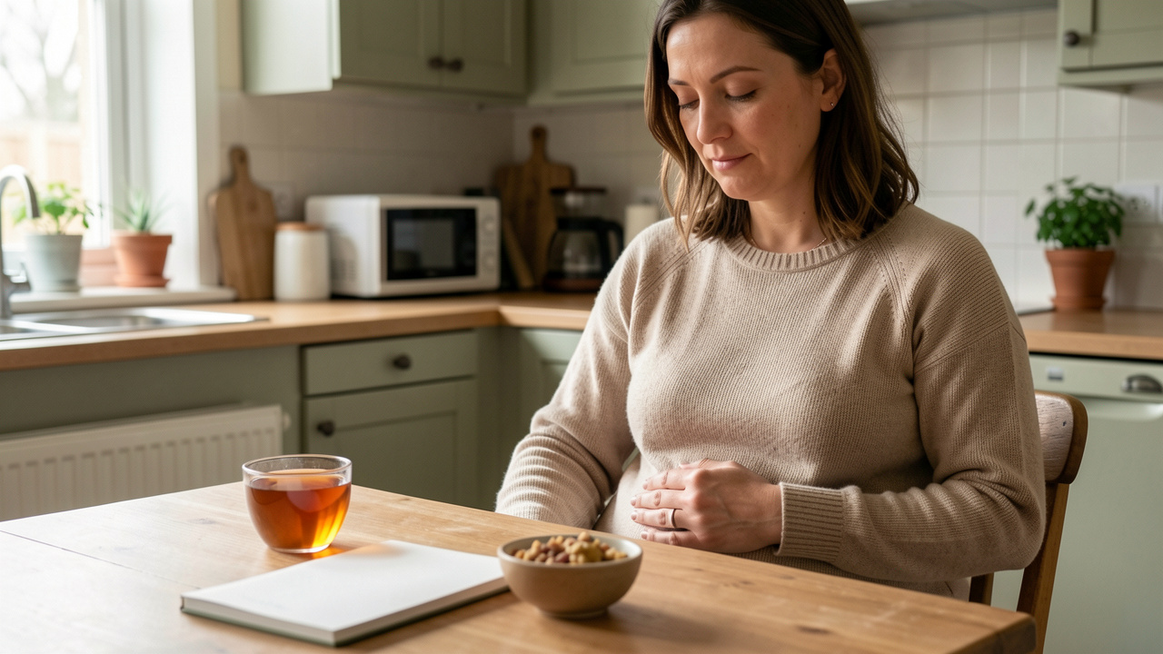 Une femme assise à une table pose doucement une main sur son ventre, entourée d’une tisane et d’aliments simples dans une ambiance calme et rassurante.