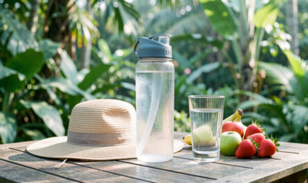 Bouteille d’eau réutilisable couverte de condensation, chapeau à larges bords, fruits frais et verre d’eau sur une table ombragée dans un jardin tropical.