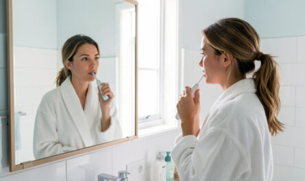 Femme adulte utilisant une brosse à dents électrique devant un miroir dans une salle de bains lumineuse et moderne.