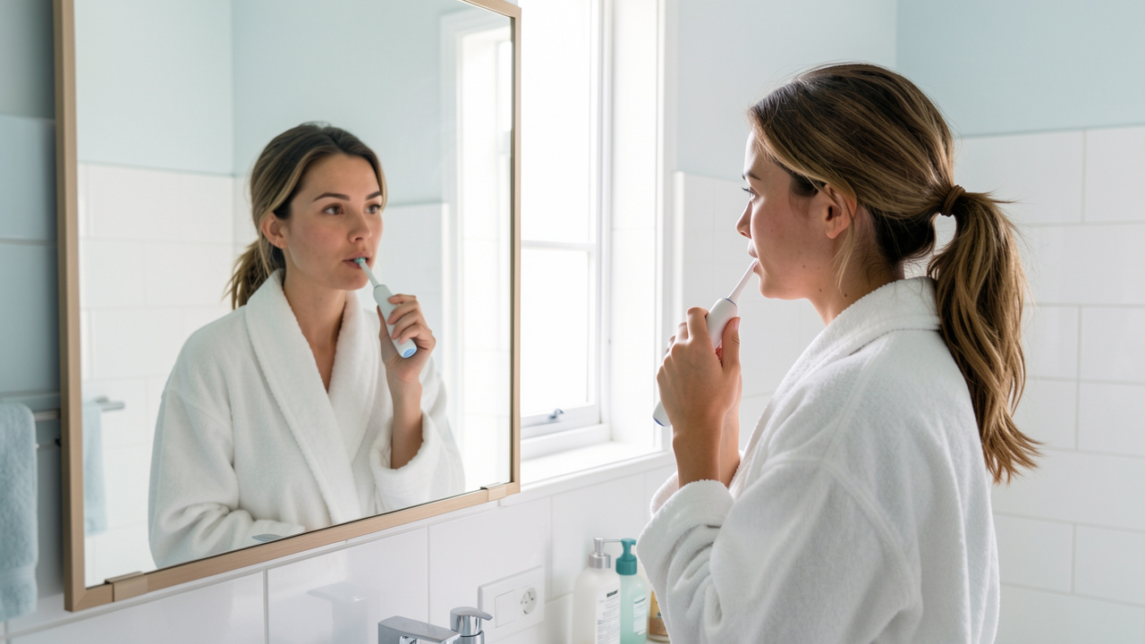 Femme adulte utilisant une brosse à dents électrique devant un miroir dans une salle de bains lumineuse et moderne.