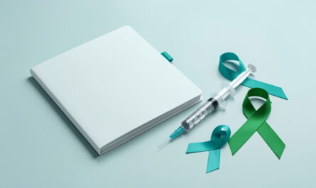 Illustration médicale sobre représentant un carnet de vaccination fermé, une seringue stérile et des rubans de sensibilisation dans une palette bleue et verte, sans inscription.