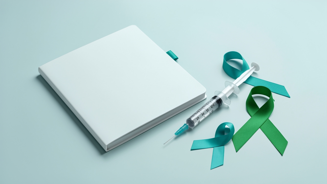 Illustration médicale sobre représentant un carnet de vaccination fermé, une seringue stérile et des rubans de sensibilisation dans une palette bleue et verte, sans inscription.