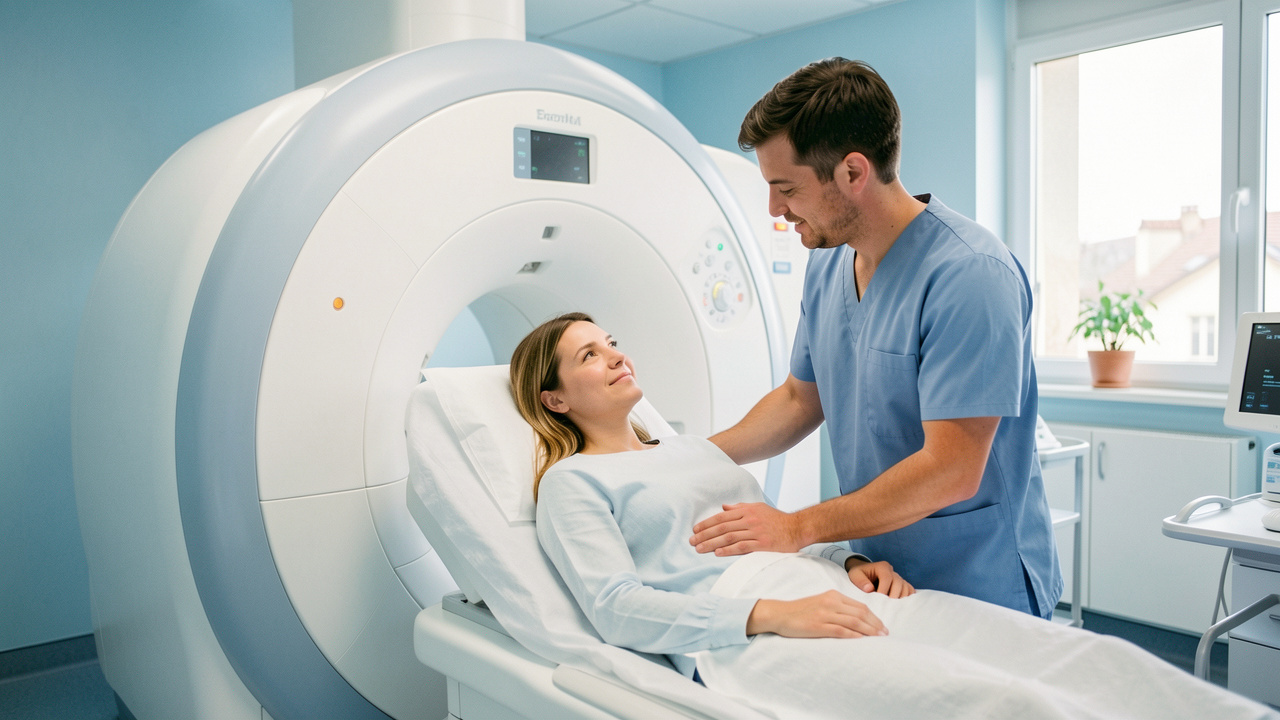 Une femme adulte passe une IRM dans une salle moderne et apaisante à Lyon, accompagnée par un professionnel de santé.