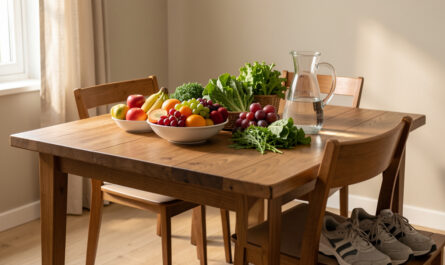 Table familiale saine avec des fruits, des légumes, une carafe d’eau et des chaussures de marche, éclairée par une lumière naturelle douce.
