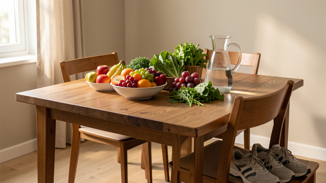 Table familiale saine avec des fruits, des légumes, une carafe d’eau et des chaussures de marche, éclairée par une lumière naturelle douce.